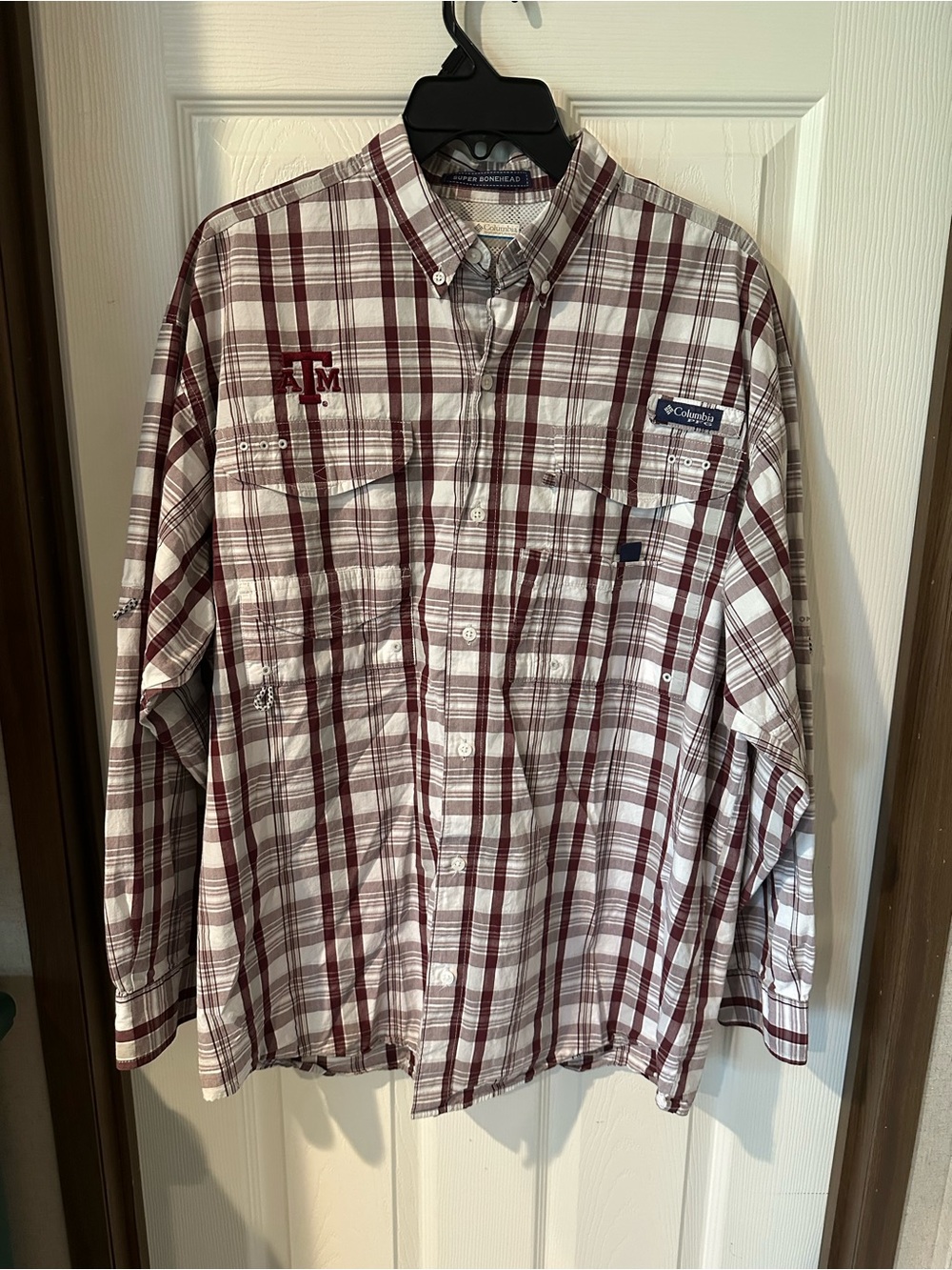 Columbia super bonehead A&M Maroon and White Plaid Button-Down Shirt Mens Large
